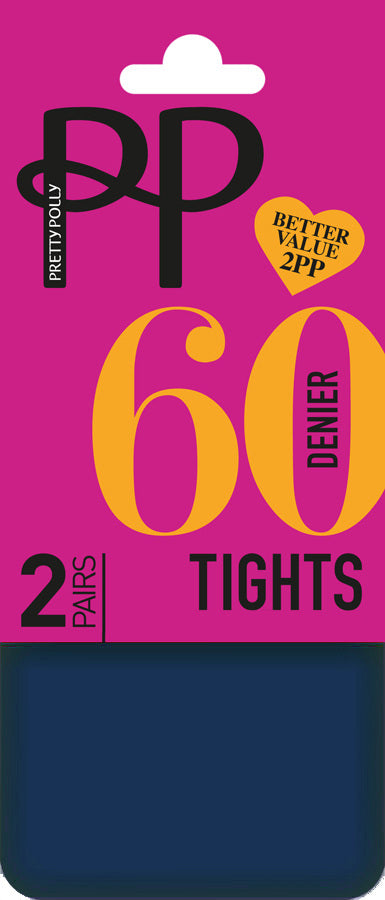 Pretty Polly 60 denier tights packaging with pink background and Navy tights.