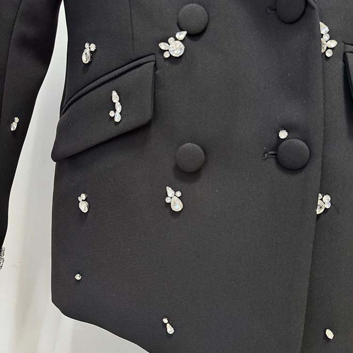 Black double breasted pantsuit with crystal detail for wedding guest