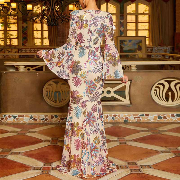 Floral Prom Dress V Neck Bell Sleeve Wedding Guest Dress