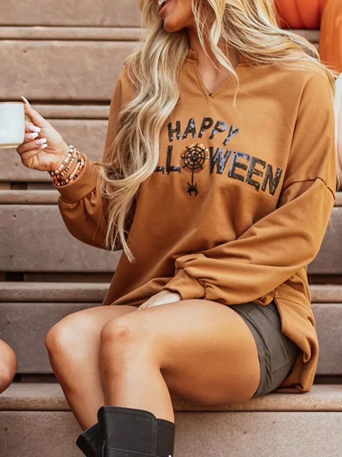 Happy Halloween Graphic Notched Long Sleeve Loose Top