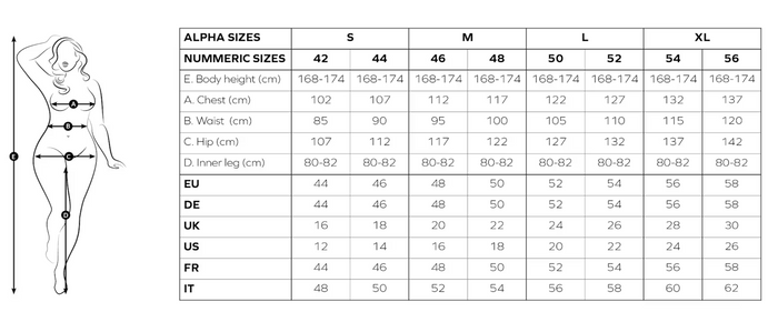 Size chart for clothing with numerical and alphabetic size labels.
