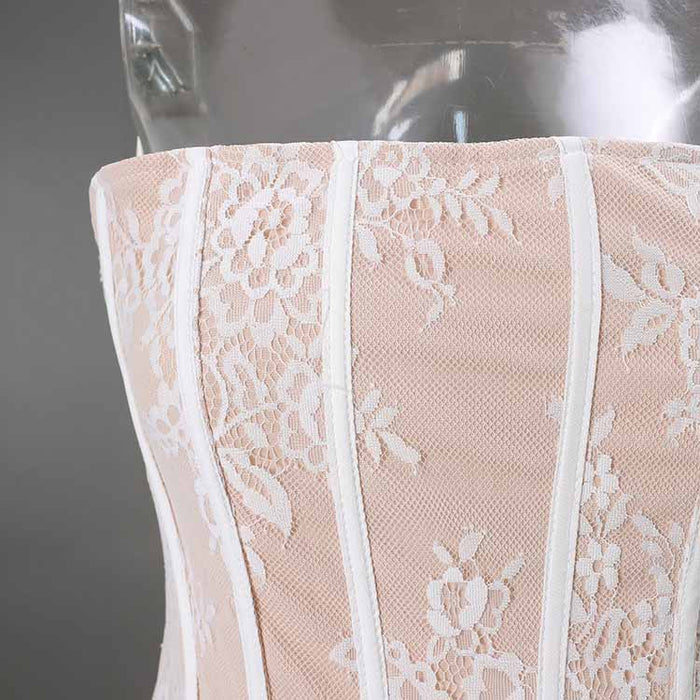 Lace & Rose Embellished Mini Dress – Strapless Party Dress with Patchwork Design