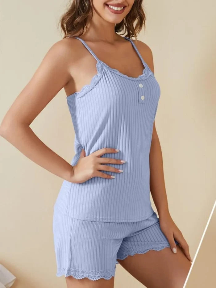Lace-Trimmed Ribbed Cami and Shorts Lounge Set
