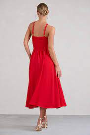 Lady Loren Red Ruched Cross-Strap Split Midi Dress