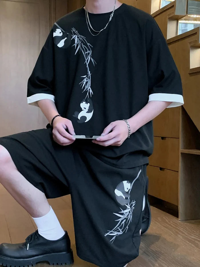 Men's Full Size Panda Bamboo Print Tee and Shorts Set Plus Size