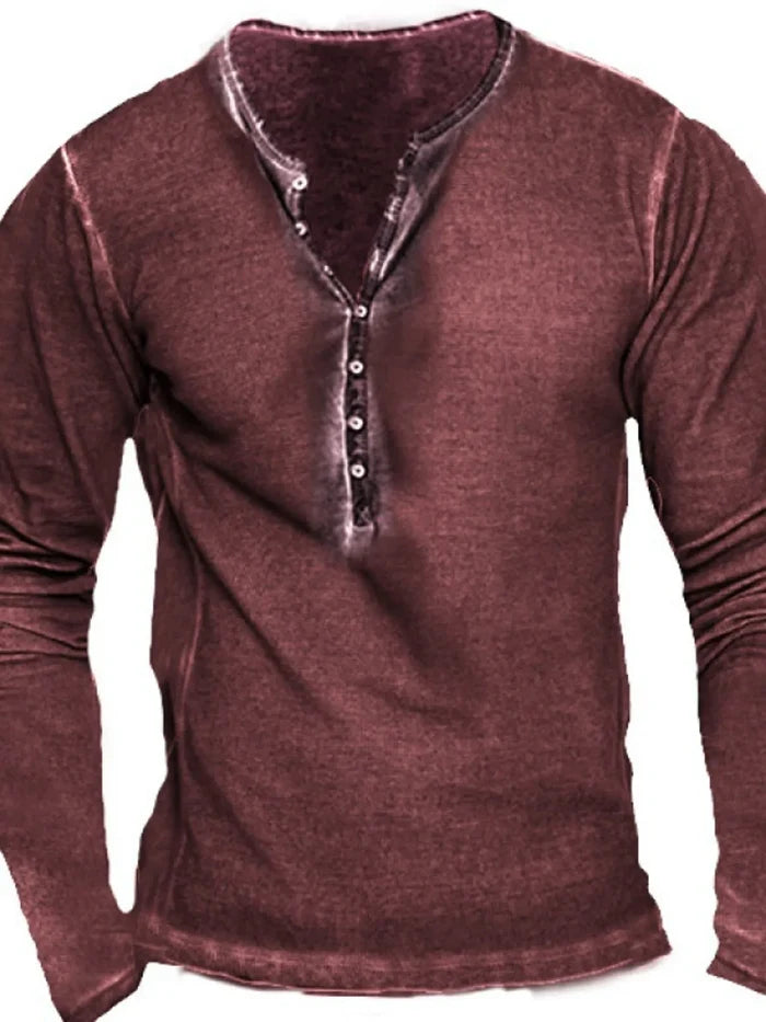 Men's Full Size Retro Long Sleeve Henley T-Shirt Plus Size