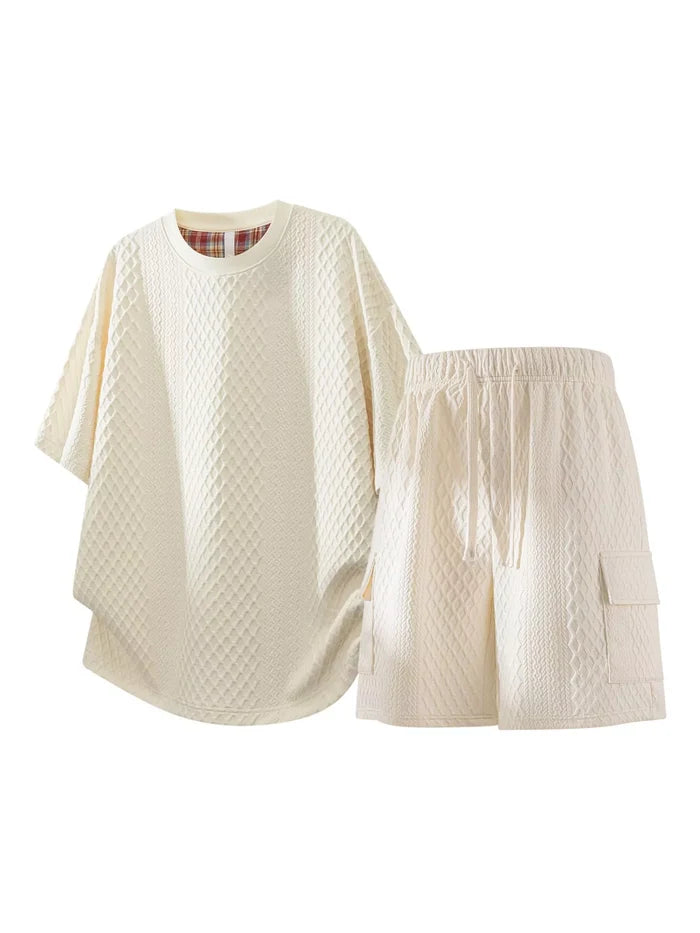 Men's Plus Size Textured Casual Top and Shorts Set
