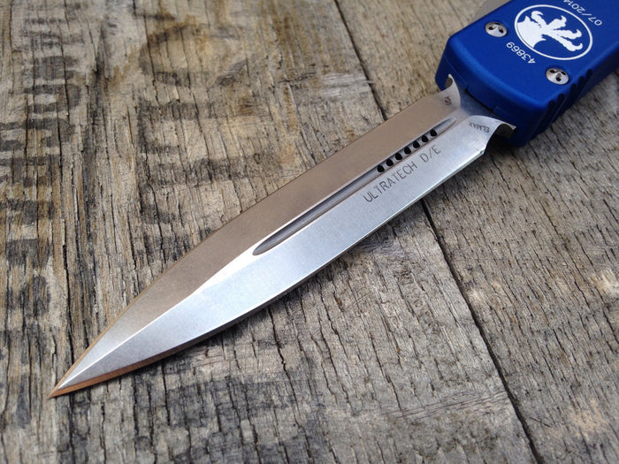 Microtech Ultratech Knife Blue D/E OTF Automatic (3.4" Stone Washed) 122-10BL - GearBarrel.com