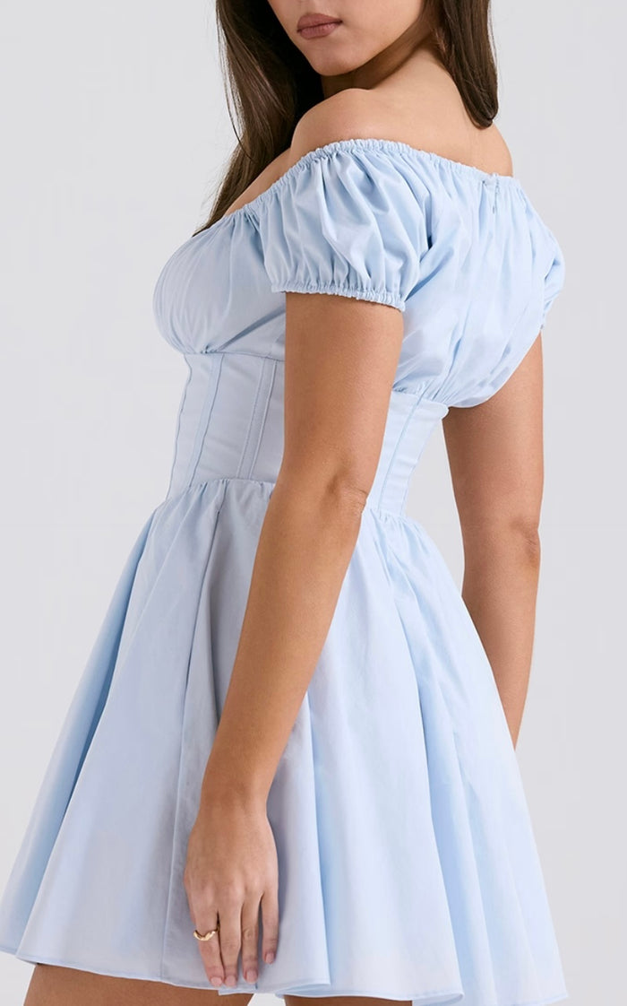 Nala Soft Blue Botton Gathered Mini Dress