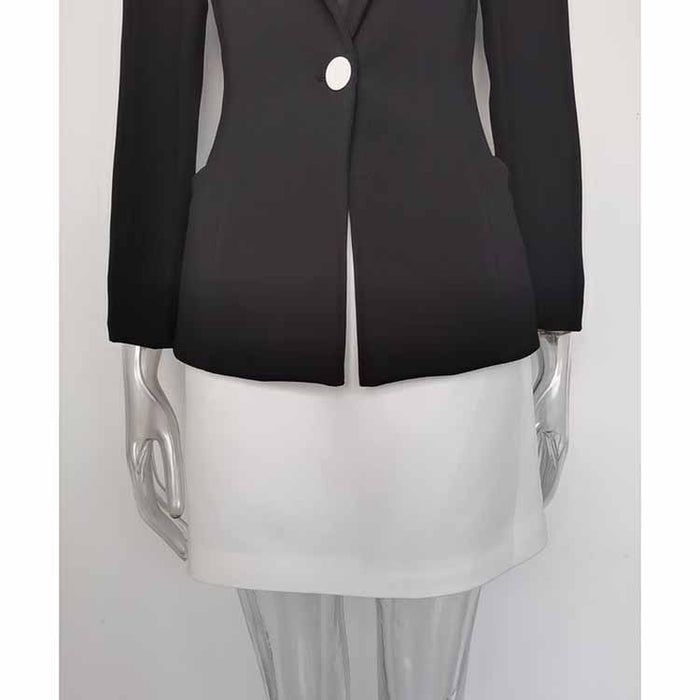 One Button Two-Tone Mini Skirt Suit Black And White Suit