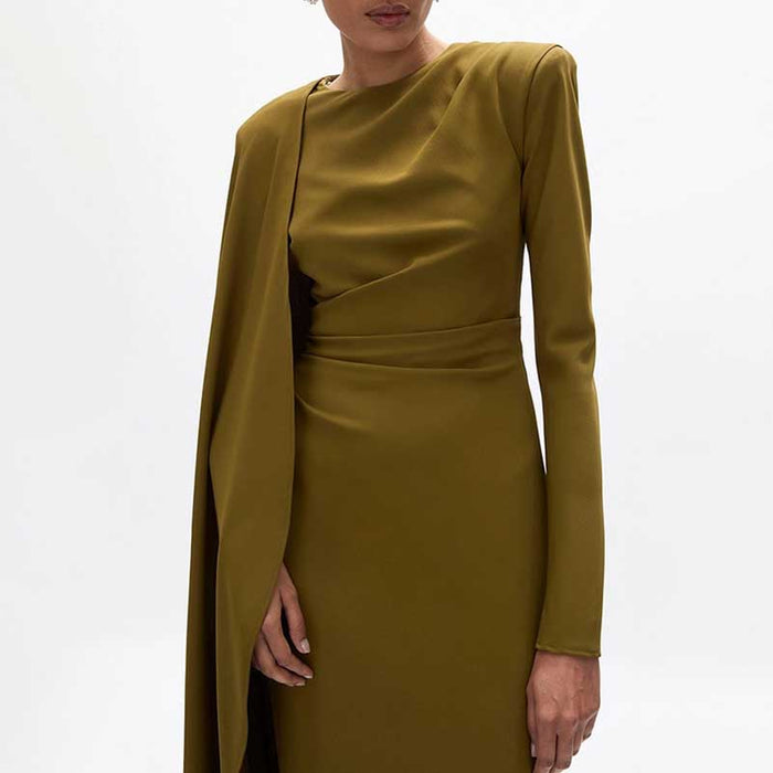 Pleated Round Neck Cape Maxi Dress in Green