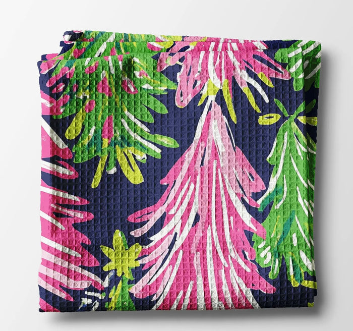 Preppy Navy Pink Chinoiserie Christmas Kitchen Towel