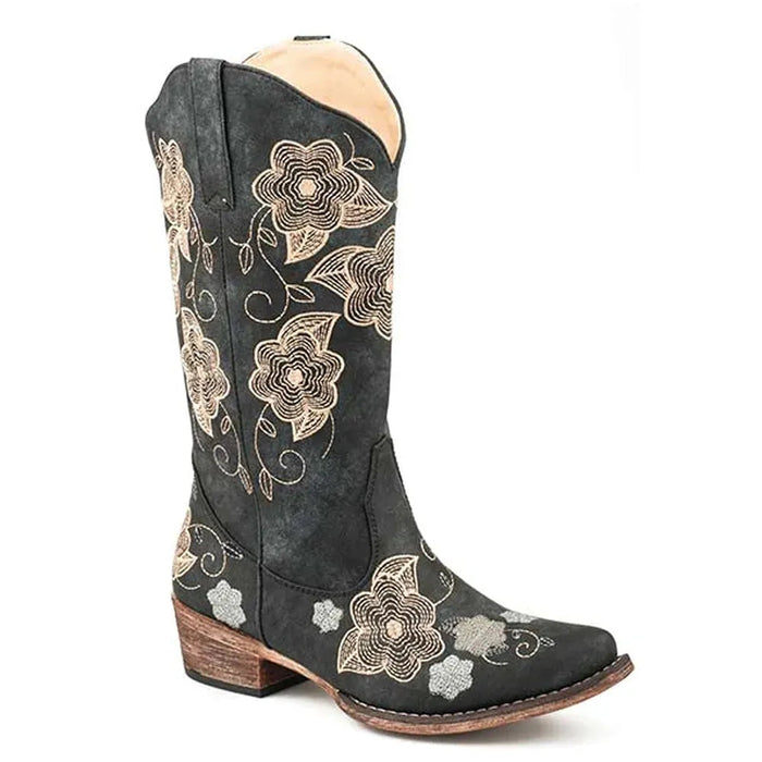 Roper Riley Flowers (Black) - Women's Cowgirl Boot - Hatcountry