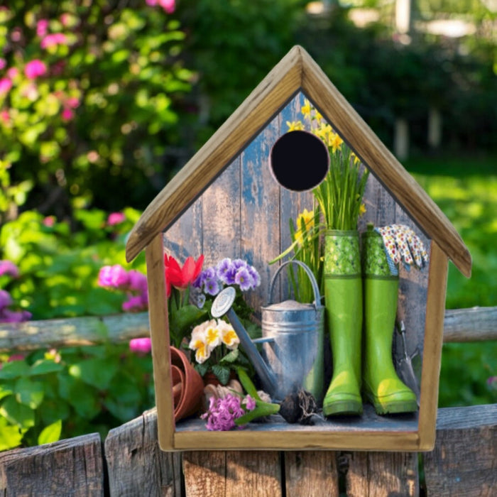 Wooden birdhouse with garden-themed decorations including green boots, flowers, and a watering can, set against a garden background.