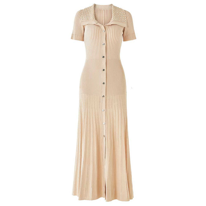 Short Sleeves Knitted Midi Dress Beaded Collar Body-Con Long Dress
