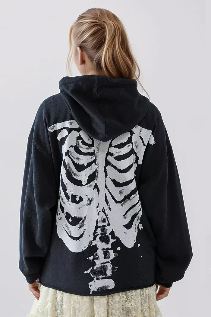 Skeleton Zip Up Drawstring Hoodie