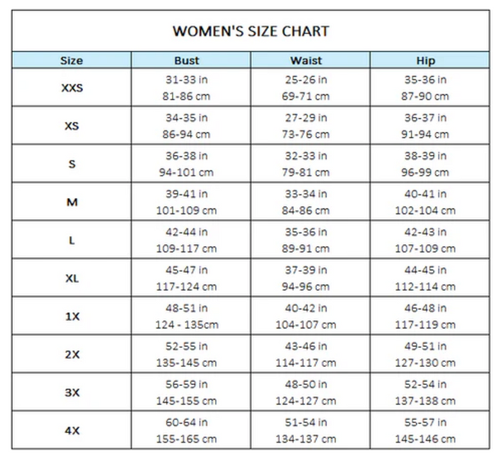Women's size chart with measurements for bust, waist, and hip.