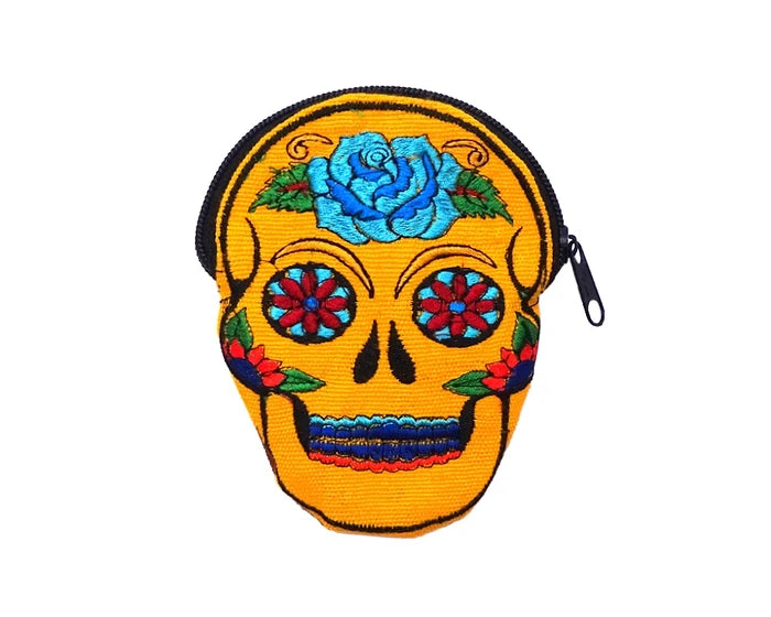 Sugar Skull Face Embroidered Floral Suede Coin Purse