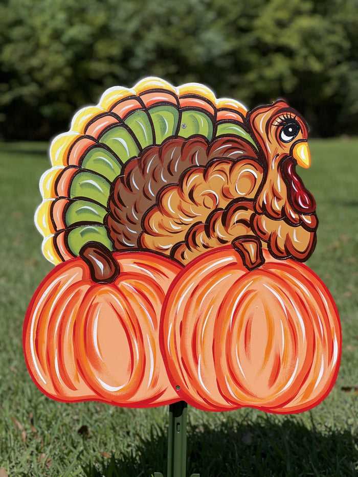 turkey on pumpkins painted yard art