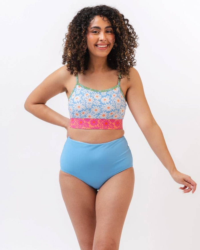 Ultra High-Waist Swim Bottom in Reversible Peri Blue & Daisy