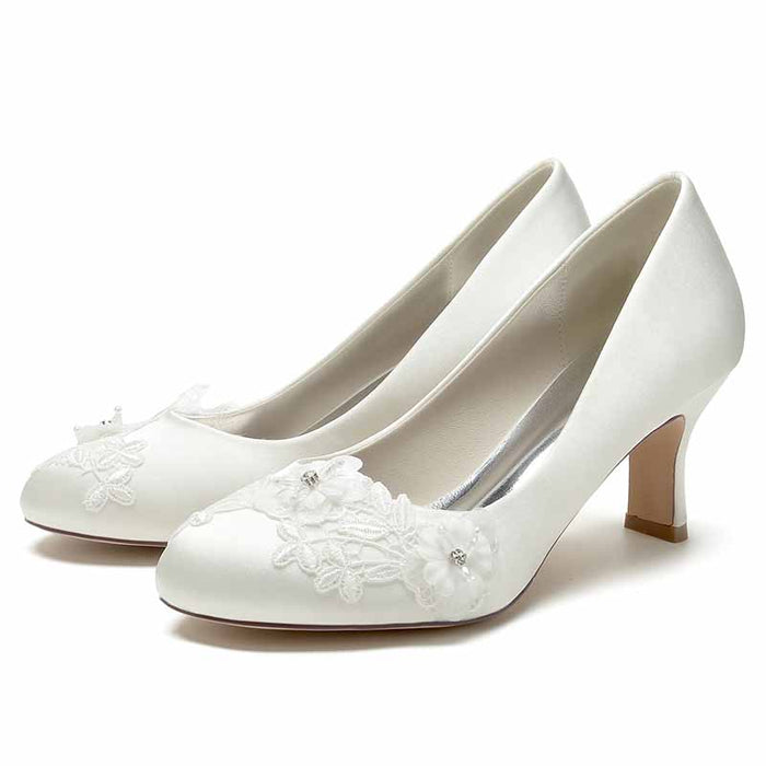 S&DCo. elegant white wedding shoes for bride low heel with floral embroidery and delicate details
