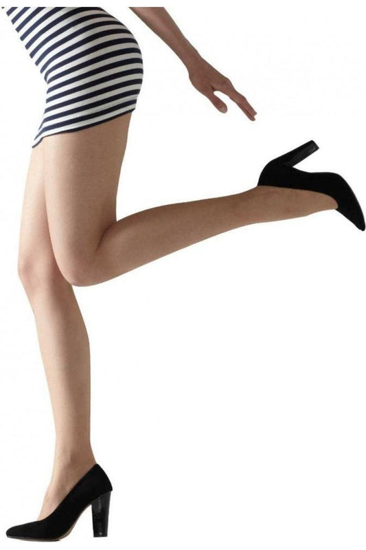 Model wearing black high-heeled shoes and tights on a white background