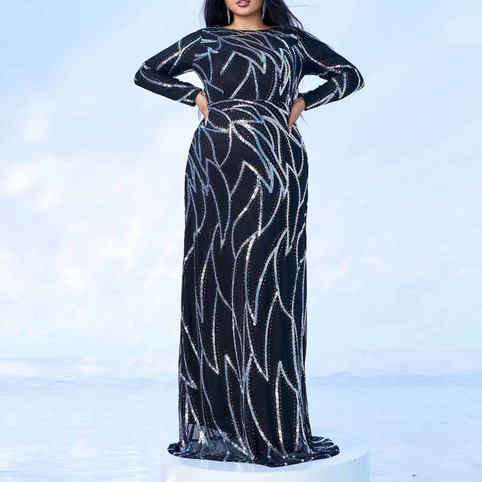 1XL-4XL Long Sleeves Sequin Black Formal Derss Prom Gowns