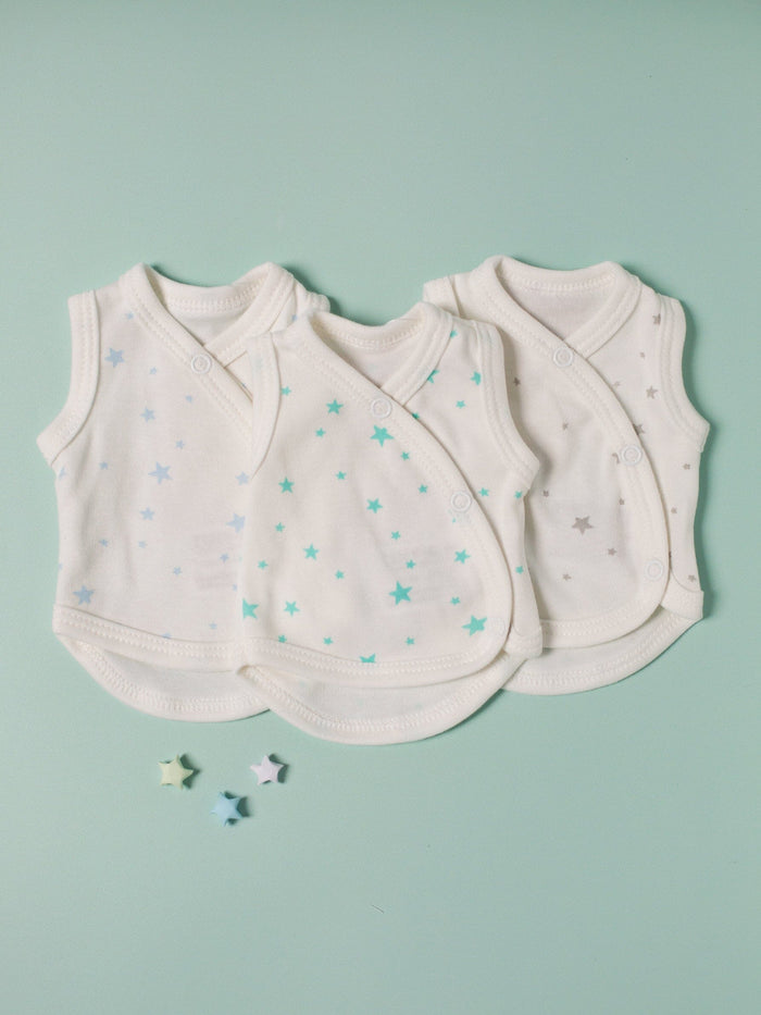 3 Pack - Star Incubator Vests - Blue, Mint & Silver Stars, 100% Organic Cotton Set/Multipack Tiny & Small