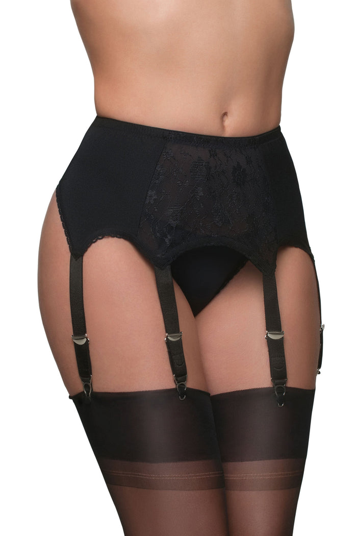 Black lace front suspender  belt with suspenders worn by a person on a white background