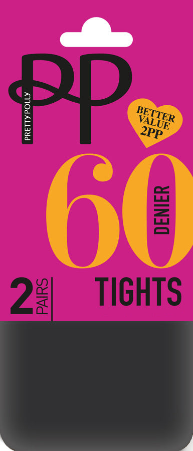 Pretty Polly 60 denier tights packaging with pink background and black text