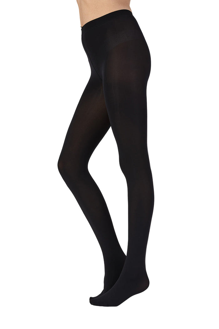Black tights worn by a person on a white background