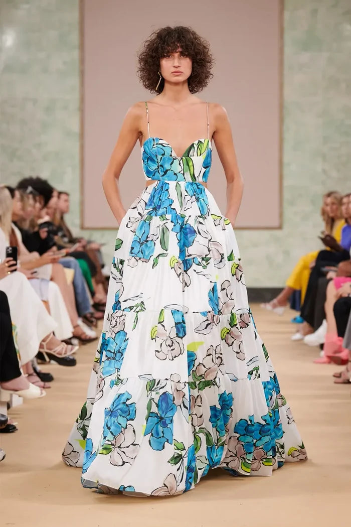 Aje Botanical Tiered Maxi Dress Cool Camelia Blue White Floral