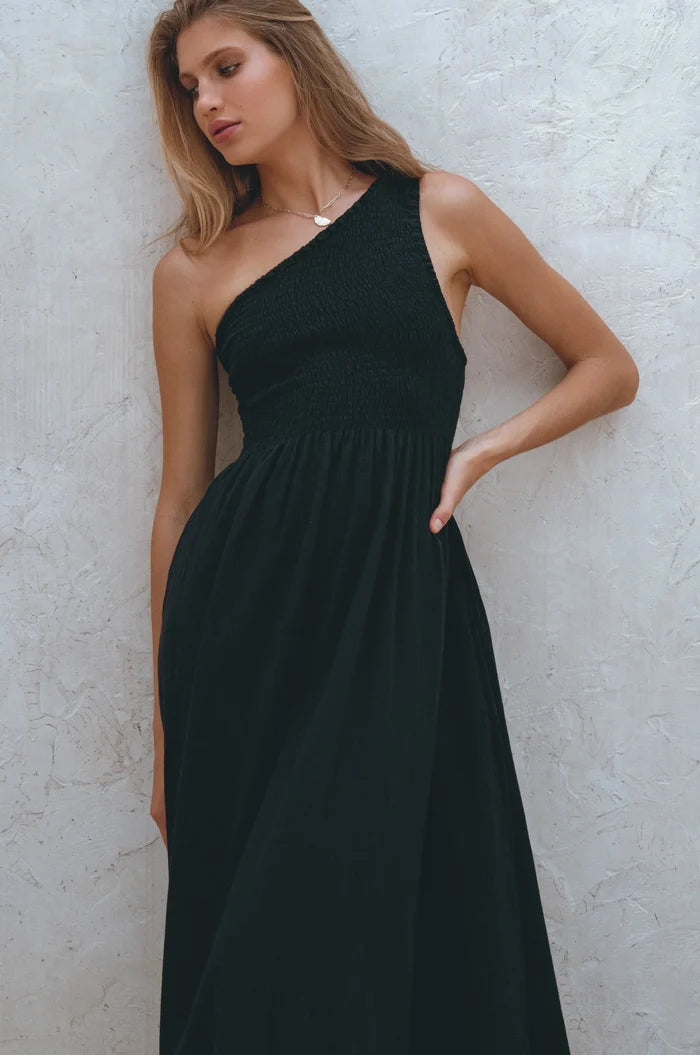 Alina One Shoulder Linen Dress in Black - Laluxe Femme