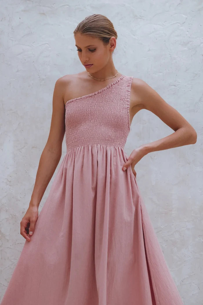 Alina One Shoulder Linen Dress in Rose - Laluxe Femme