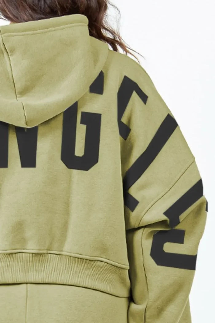 American Bazi Letter Graphic Long Sleeve Drawstring Cropped Hoodie