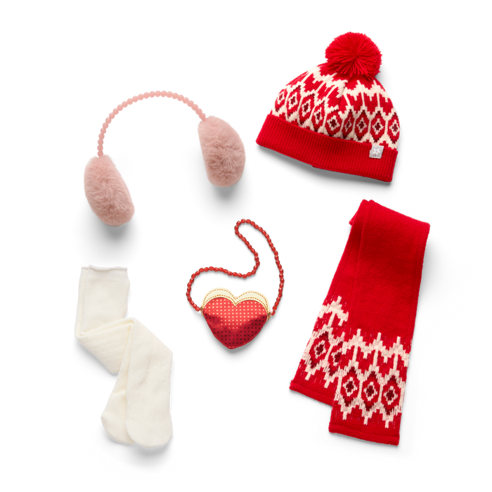 American Girl® x J.Crew Fair Isle Beanie & Scarf, Heart Purse & Accessories Bundle for 18-inch Dolls