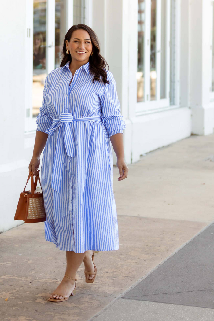 Andrea Cotton Shirt Dress in Blue & White Stripe