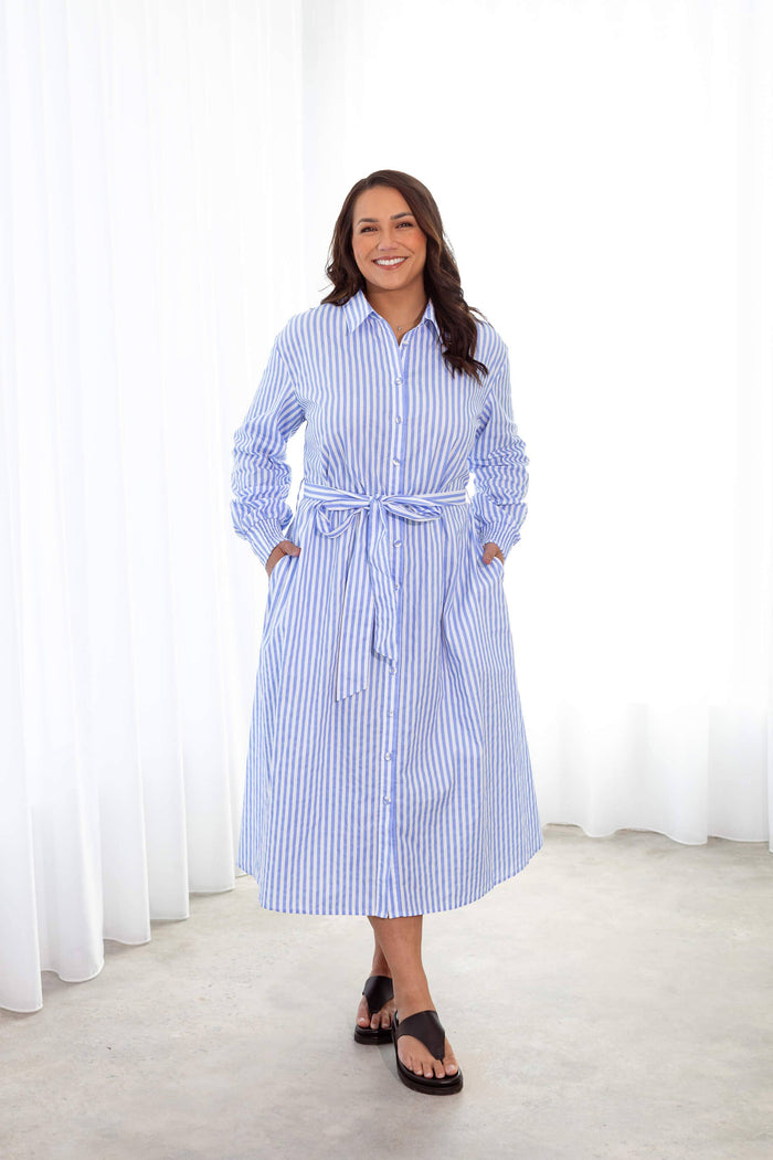 Andrea Cotton Shirt Dress in Blue & White Stripe