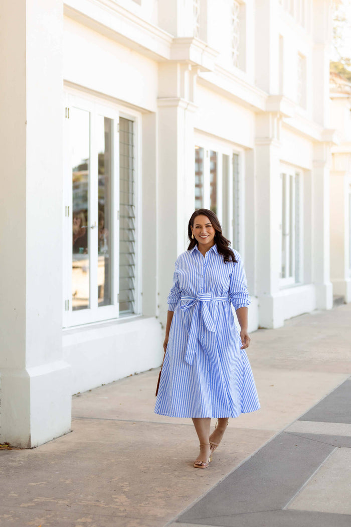 Andrea Cotton Shirt Dress in Blue & White Stripe