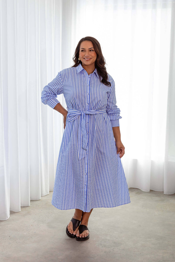 Andrea Cotton Shirt Dress in Blue & White Stripe