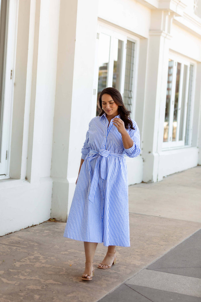 Andrea Cotton Shirt Dress in Blue & White Stripe