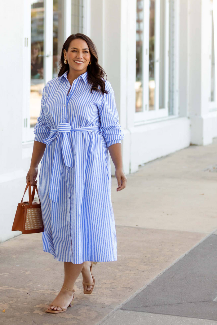 Andrea Cotton Shirt Dress in Blue & White Stripe