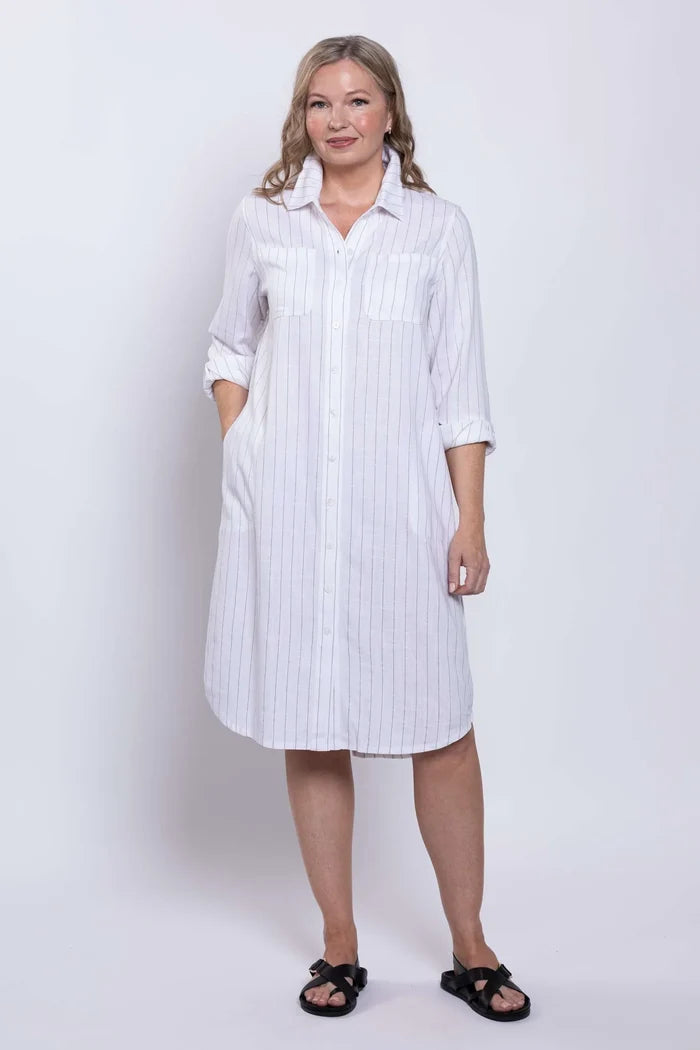Anka Duster in White Stripe Linen