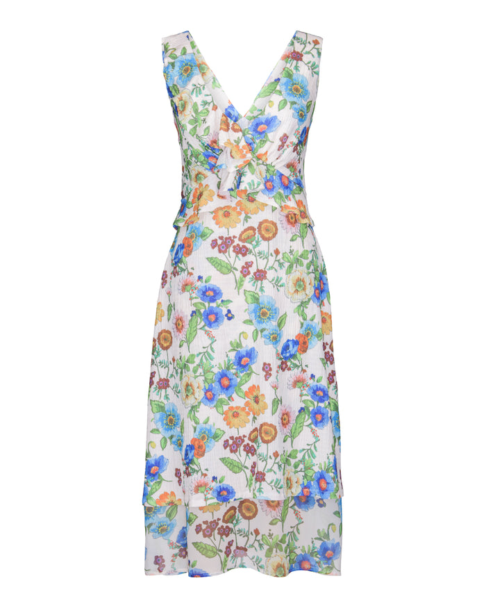 Plus size floral wedding guest dress with a white background