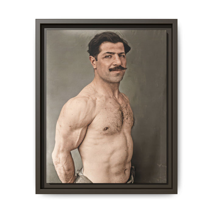 Historical weightlifter portrait reproduced as framed matte canvas wall art from the Athlétisme Collection