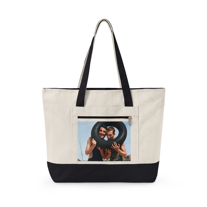 Zippered canvas tote with restored vintage beach photo of two men and swim tube