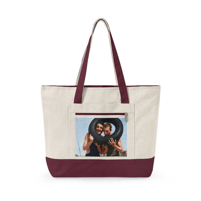 Heavy cotton canvas tote bag featuring colorized vintage swimming photograph