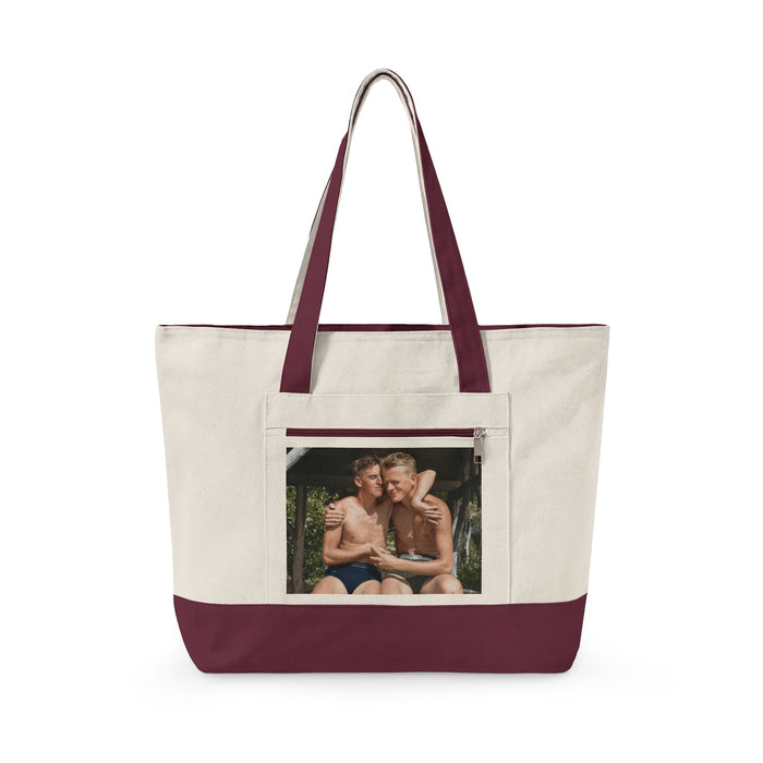 Beach day canvas tote with two men in vintage swimwear
