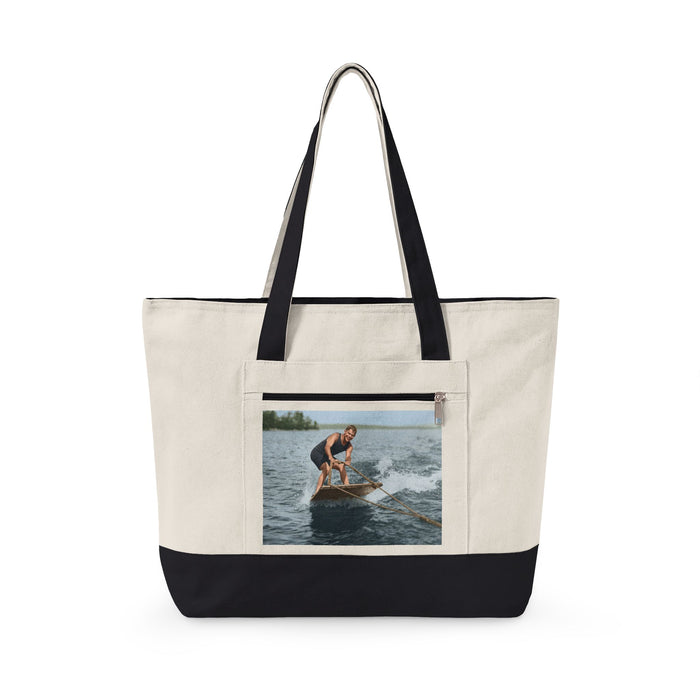 Vintage watersport rider on wooden board canvas tote
