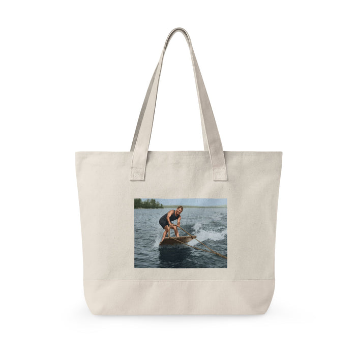 Man riding water wake with ropes vintage tote design
